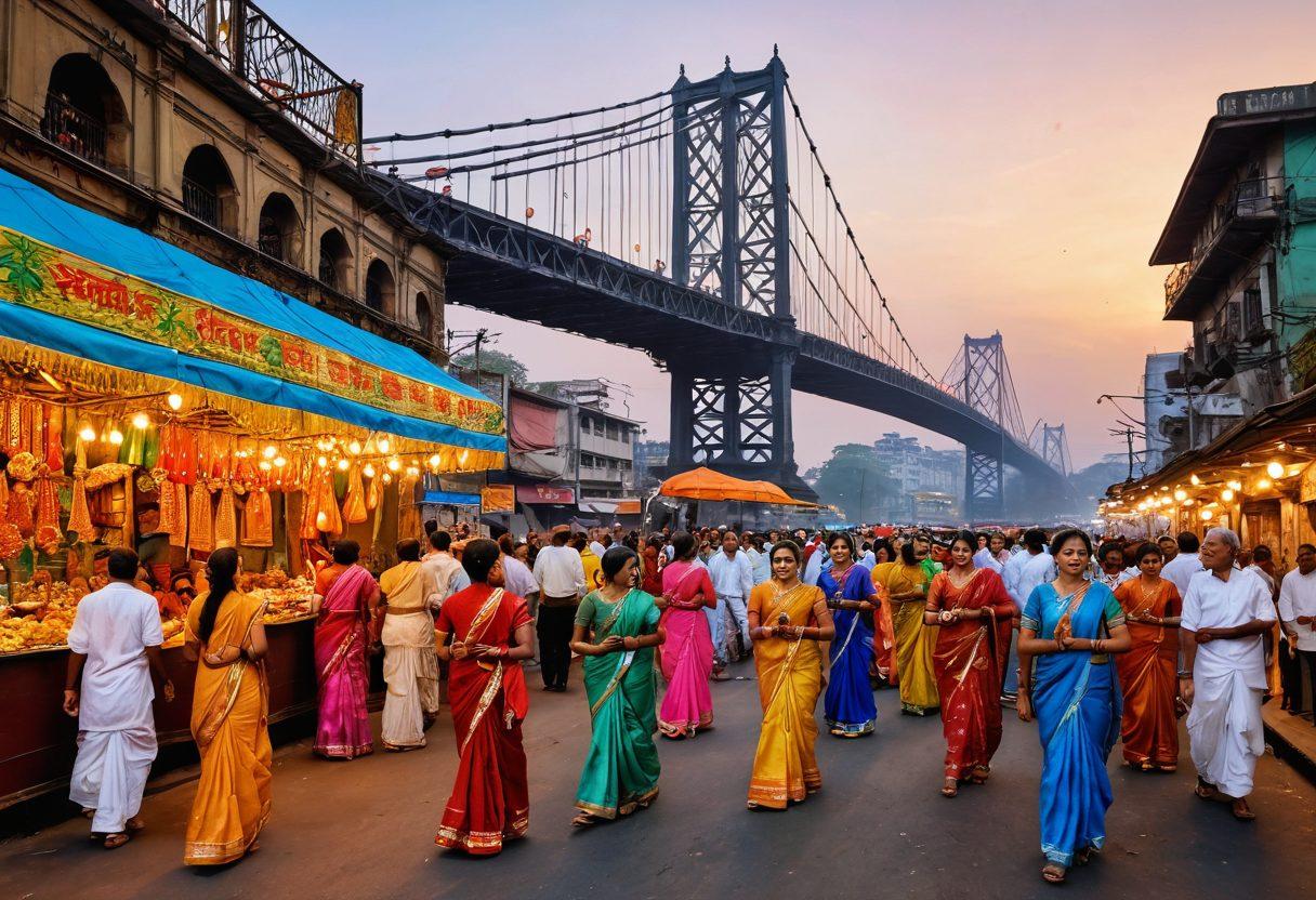 A lively street scene in Kolkata showcasing traditional Bengali festivities with colorful decorations, locals dressed in vibrant traditional attire, a showcase of delicious Bengali sweets, and an iconic Howrah Bridge in the background. Emphasize cultural elements like folk dances and music. super-realistic. vibrant colors. 3D.