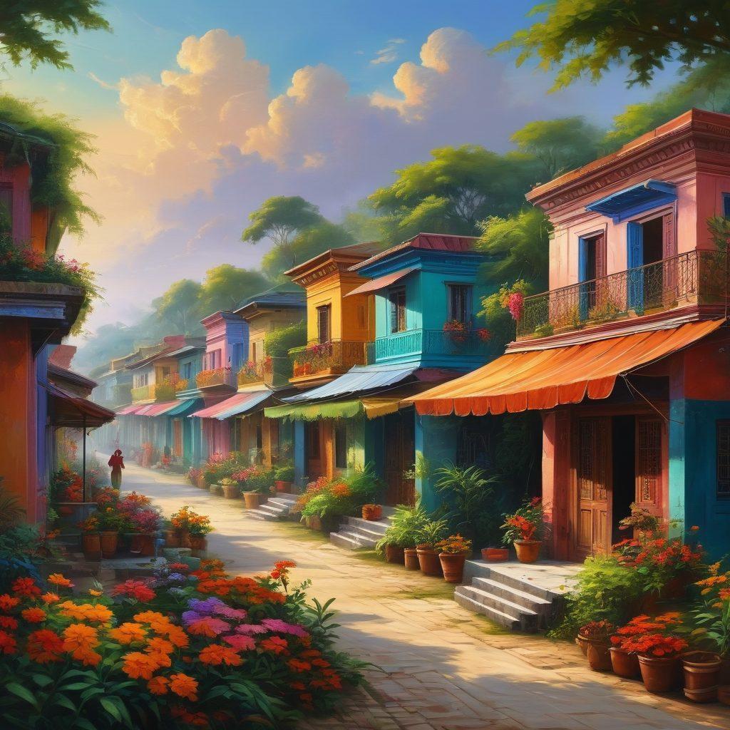 An exuberant Bengal landscape featuring colorful traditional homes adorned with intricate designs, surrounded by lush greenery and vibrant flowers. Include bustling market scenes with locals engaging in daily activities, wearing vibrant attire, and showcasing rich cultural elements like folk art and handicrafts. The sky should be bright and inviting, reflecting a joyous atmosphere. painting. vibrant colors. 3D.