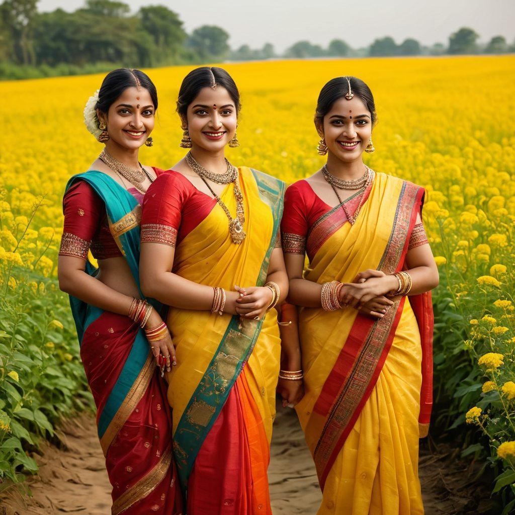 A vibrant celebration scene featuring traditional Bengali elements, like colorful sarees and dhotis, adorned with intricate patterns. Incorporate symbols of happiness, such as smiling faces and dancers, surrounded by blooming mustard fields and the Ganges River in the background. Highlight the richness of Bengali heritage with folk music instruments and festive decorations. super-realistic. vibrant colors. cultural richness.
